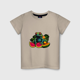 Детская футболка хлопок с принтом Красноглазая лягушка с арбузами   нейросеть в Курске, 100% хлопок | круглый вырез горловины, полуприлегающий силуэт, длина до линии бедер | Тематика изображения на принте: 