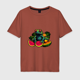 Мужская футболка хлопок Oversize с принтом Красноглазая лягушка с арбузами   нейросеть в Санкт-Петербурге, 100% хлопок | свободный крой, круглый ворот, “спинка” длиннее передней части | Тематика изображения на принте: 