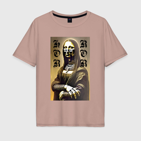 Мужская футболка хлопок Oversize с принтом Mona Lisa   horror   gothic   neural network в Белгороде, 100% хлопок | свободный крой, круглый ворот, “спинка” длиннее передней части | Тематика изображения на принте: 