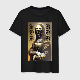Мужская футболка хлопок с принтом Mona Lisa   horror   gothic   neural network в Екатеринбурге, 100% хлопок | прямой крой, круглый вырез горловины, длина до линии бедер, слегка спущенное плечо. | 