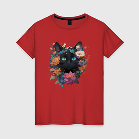 Женская футболка хлопок с принтом Чёрный кот в цветах в Петрозаводске, 100% хлопок | прямой крой, круглый вырез горловины, длина до линии бедер, слегка спущенное плечо | Тематика изображения на принте: 