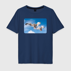 Мужская футболка хлопок Oversize с принтом Чайки в небе в Белгороде, 100% хлопок | свободный крой, круглый ворот, “спинка” длиннее передней части | 