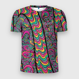 Мужская футболка 3D Slim с принтом Цветочно бензиновый узор в Белгороде, 100% полиэстер с улучшенными характеристиками | приталенный силуэт, круглая горловина, широкие плечи, сужается к линии бедра | 