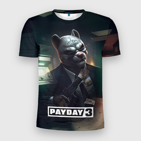 Мужская футболка 3D Slim с принтом Payday 2 dog mask в Тюмени, 100% полиэстер с улучшенными характеристиками | приталенный силуэт, круглая горловина, широкие плечи, сужается к линии бедра | 