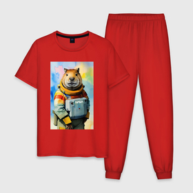 Мужская пижама хлопок с принтом Capy astronaut   Nasa   neural network в Новосибирске, 100% хлопок | брюки и футболка прямого кроя, без карманов, на брюках мягкая резинка на поясе и по низу штанин
 | 