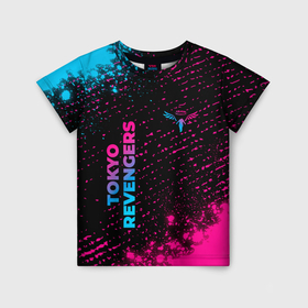 Детская футболка 3D с принтом Tokyo Revengers   neon gradient: надпись, символ в Кировске, 100% гипоаллергенный полиэфир | прямой крой, круглый вырез горловины, длина до линии бедер, чуть спущенное плечо, ткань немного тянется | 