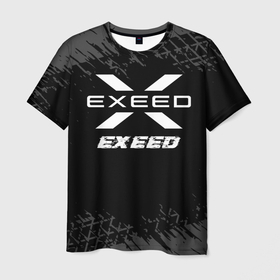 Мужская футболка 3D с принтом Exeed speed на темном фоне со следами шин в Ухте, 100% полиэфир | прямой крой, круглый вырез горловины, длина до линии бедер | 