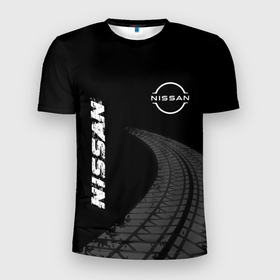 Мужская футболка 3D Slim с принтом Nissan speed на темном фоне со следами шин: надпись, символ в Петрозаводске, 100% полиэстер с улучшенными характеристиками | приталенный силуэт, круглая горловина, широкие плечи, сужается к линии бедра | 