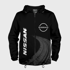 Мужская ветровка 3D с принтом Nissan speed на темном фоне со следами шин: надпись, символ в городе Новоалтайск, 100% полиэстер | подол и капюшон оформлены резинкой с фиксаторами, два кармана без застежек по бокам, один потайной карман на груди | Тематика изображения на принте: 