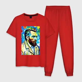 Мужская пижама хлопок с принтом Vincent van Gogh   self portrait   expressionism в Курске, 100% хлопок | брюки и футболка прямого кроя, без карманов, на брюках мягкая резинка на поясе и по низу штанин
 | 