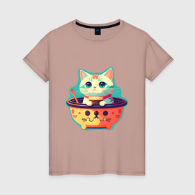 Женская футболка хлопок с принтом Голодный котик в миске в Курске, 100% хлопок | прямой крой, круглый вырез горловины, длина до линии бедер, слегка спущенное плечо | 