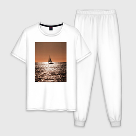Мужская пижама хлопок с принтом Яхта в вечернем море в Екатеринбурге, 100% хлопок | брюки и футболка прямого кроя, без карманов, на брюках мягкая резинка на поясе и по низу штанин
 | 
