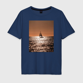 Мужская футболка хлопок Oversize с принтом Яхта в вечернем море в Екатеринбурге, 100% хлопок | свободный крой, круглый ворот, “спинка” длиннее передней части | 