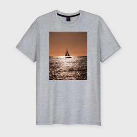 Мужская футболка хлопок Slim с принтом Яхта в вечернем море в Екатеринбурге, 92% хлопок, 8% лайкра | приталенный силуэт, круглый вырез ворота, длина до линии бедра, короткий рукав | 
