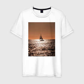Мужская футболка хлопок с принтом Яхта в вечернем море в Екатеринбурге, 100% хлопок | прямой крой, круглый вырез горловины, длина до линии бедер, слегка спущенное плечо. | 
