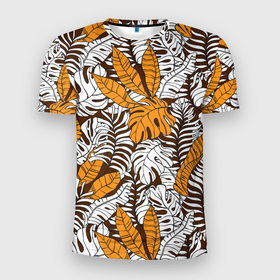 Мужская футболка 3D Slim с принтом Оранжевые и коричневые пальмовые листья в Белгороде, 100% полиэстер с улучшенными характеристиками | приталенный силуэт, круглая горловина, широкие плечи, сужается к линии бедра | 