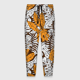 Мужские брюки 3D с принтом Оранжевые и коричневые пальмовые листья , 100% полиэстер | манжеты по низу, эластичный пояс регулируется шнурком, по бокам два кармана без застежек, внутренняя часть кармана из мелкой сетки | 