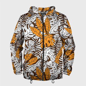 Мужская ветровка 3D с принтом Оранжевые и коричневые пальмовые листья в Курске, 100% полиэстер | подол и капюшон оформлены резинкой с фиксаторами, два кармана без застежек по бокам, один потайной карман на груди | 