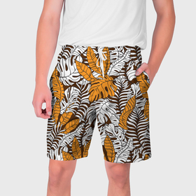 Мужские шорты 3D с принтом Оранжевые и коричневые пальмовые листья ,  полиэстер 100% | прямой крой, два кармана без застежек по бокам. Мягкая трикотажная резинка на поясе, внутри которой широкие завязки. Длина чуть выше колен | 
