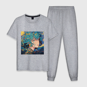 Мужская пижама хлопок с принтом Девушка в картине Ван Гога в Курске, 100% хлопок | брюки и футболка прямого кроя, без карманов, на брюках мягкая резинка на поясе и по низу штанин
 | 