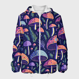 Мужская куртка 3D с принтом Грибы паттерн в городе Новоалтайск, ткань верха — 100% полиэстер, подклад — флис | прямой крой, подол и капюшон оформлены резинкой с фиксаторами, два кармана без застежек по бокам, один большой потайной карман на груди. Карман на груди застегивается на липучку | 