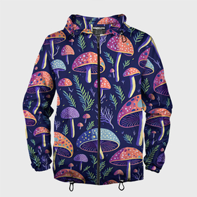 Мужская ветровка 3D с принтом Грибы паттерн в городе Новоалтайск, 100% полиэстер | подол и капюшон оформлены резинкой с фиксаторами, два кармана без застежек по бокам, один потайной карман на груди | 