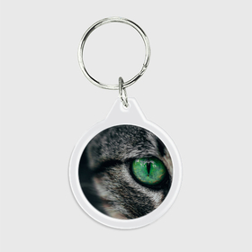 Брелок круглый с принтом Большой зеленый глаз кота в Тюмени, пластик и полированная сталь | круглая форма, металлическое крепление в виде кольца | Тематика изображения на принте: 