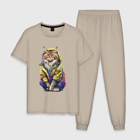 Мужская пижама хлопок с принтом Кот мейн кун в одежде в Петрозаводске, 100% хлопок | брюки и футболка прямого кроя, без карманов, на брюках мягкая резинка на поясе и по низу штанин
 | 