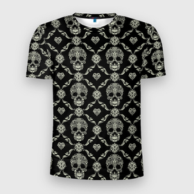 Мужская футболка 3D Slim с принтом Узор с черепами Pattern with skulls в Екатеринбурге, 100% полиэстер с улучшенными характеристиками | приталенный силуэт, круглая горловина, широкие плечи, сужается к линии бедра | 