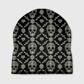 Шапка 3D с принтом Узор с черепами Pattern with skulls в Новосибирске, 100% полиэстер | универсальный размер, печать по всей поверхности изделия | Тематика изображения на принте: 