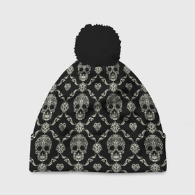 Шапка 3D c помпоном с принтом Узор с черепами Pattern with skulls в Тюмени, 100% полиэстер | универсальный размер, печать по всей поверхности изделия | 