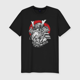 Мужская футболка хлопок Slim с принтом Тигр самурай Tiger samurai в Петрозаводске, 92% хлопок, 8% лайкра | приталенный силуэт, круглый вырез ворота, длина до линии бедра, короткий рукав | Тематика изображения на принте: 