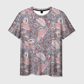 Мужская футболка 3D с принтом Нежный цветочный принт, листья в Тюмени, 100% полиэфир | прямой крой, круглый вырез горловины, длина до линии бедер | Тематика изображения на принте: 