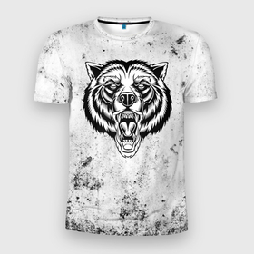 Мужская футболка 3D Slim с принтом Черно белый яростный медведь в Петрозаводске, 100% полиэстер с улучшенными характеристиками | приталенный силуэт, круглая горловина, широкие плечи, сужается к линии бедра | 