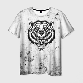 Мужская футболка 3D с принтом Черно белый яростный медведь в Петрозаводске, 100% полиэфир | прямой крой, круглый вырез горловины, длина до линии бедер | 
