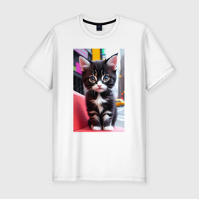 Мужская футболка хлопок Slim с принтом Милый городской котёнок в Петрозаводске, 92% хлопок, 8% лайкра | приталенный силуэт, круглый вырез ворота, длина до линии бедра, короткий рукав | 