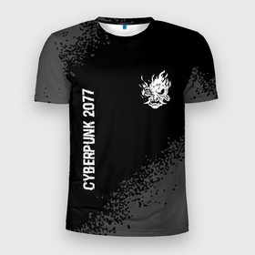 Мужская футболка 3D Slim с принтом Cyberpunk 2077 glitch на темном фоне: надпись, символ в Екатеринбурге, 100% полиэстер с улучшенными характеристиками | приталенный силуэт, круглая горловина, широкие плечи, сужается к линии бедра | 