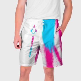 Мужские шорты 3D с принтом Assassins Creed neon gradient style: по вертикали в Кировске,  полиэстер 100% | прямой крой, два кармана без застежек по бокам. Мягкая трикотажная резинка на поясе, внутри которой широкие завязки. Длина чуть выше колен | 