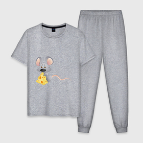 Мужская пижама хлопок с принтом рисованная мышка с сыром , 100% хлопок | брюки и футболка прямого кроя, без карманов, на брюках мягкая резинка на поясе и по низу штанин
 | 