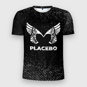 Мужская футболка 3D Slim с принтом Placebo с потертостями на темном фоне в Екатеринбурге, 100% полиэстер с улучшенными характеристиками | приталенный силуэт, круглая горловина, широкие плечи, сужается к линии бедра | 