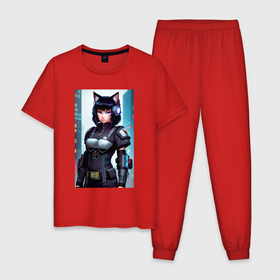 Мужская пижама хлопок с принтом Девчонка кошка   киберпанк   нейросеть в Белгороде, 100% хлопок | брюки и футболка прямого кроя, без карманов, на брюках мягкая резинка на поясе и по низу штанин
 | 