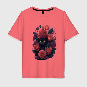 Мужская футболка хлопок Oversize с принтом Черный кот в цветах в Кировске, 100% хлопок | свободный крой, круглый ворот, “спинка” длиннее передней части | 
