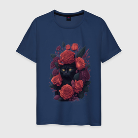 Мужская футболка хлопок с принтом Черный кот в цветах в Кировске, 100% хлопок | прямой крой, круглый вырез горловины, длина до линии бедер, слегка спущенное плечо. | 