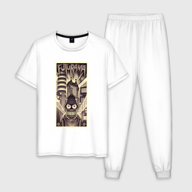 Мужская пижама хлопок с принтом Бендер в стиле ретрофутуризма в Екатеринбурге, 100% хлопок | брюки и футболка прямого кроя, без карманов, на брюках мягкая резинка на поясе и по низу штанин
 | 
