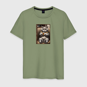 Мужская футболка хлопок с принтом Кот диванный критик в Тюмени, 100% хлопок | прямой крой, круглый вырез горловины, длина до линии бедер, слегка спущенное плечо. | 