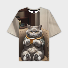 Мужская футболка oversize 3D с принтом Кот сидит на диване с напитком в Кировске,  |  | Тематика изображения на принте: 