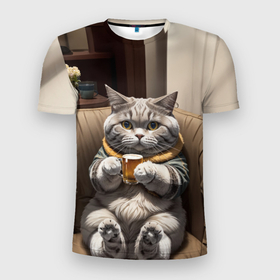 Мужская футболка 3D Slim с принтом Кот сидит на диване с напитком в Кировске, 100% полиэстер с улучшенными характеристиками | приталенный силуэт, круглая горловина, широкие плечи, сужается к линии бедра | 