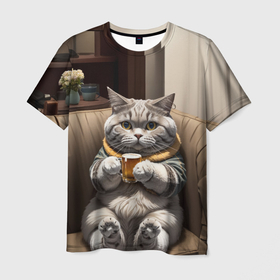 Мужская футболка 3D с принтом Кот сидит на диване с напитком в Кировске, 100% полиэфир | прямой крой, круглый вырез горловины, длина до линии бедер | 