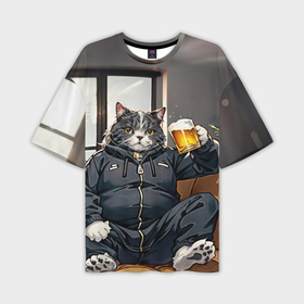 Мужская футболка oversize 3D с принтом Толстый кот со стаканом пива в Новосибирске,  |  | 