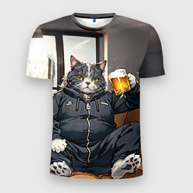 Мужская футболка 3D Slim с принтом Толстый кот со стаканом пива в Курске, 100% полиэстер с улучшенными характеристиками | приталенный силуэт, круглая горловина, широкие плечи, сужается к линии бедра | 